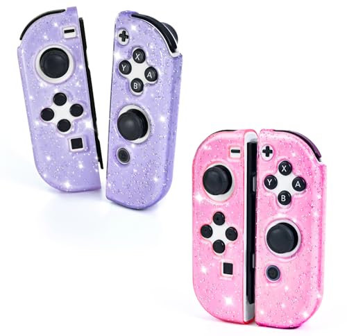 DLseego Protective Case for Switch/Switch OLED Controller,Transparency Glitter Soft TPU Switch Controller Protector Grip Case Cover,Purple+Pink