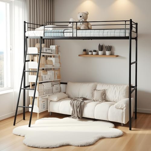 FetiNes Letto a soppalco 90 x 200 cm, letto in ferro con scaletta, per bambini, ragazzi e adulti, Noir