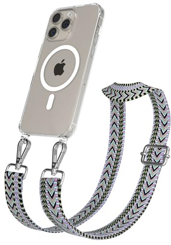 EAZY CASE Handykette - Verstellbares Taschenband kompatibel mit iPhone 15 Pro Max, Schulterriemen, Handykordel mit Silikon Hülle, Qi Charging kompatibel, Umhängetasche, Lila Grün Silber