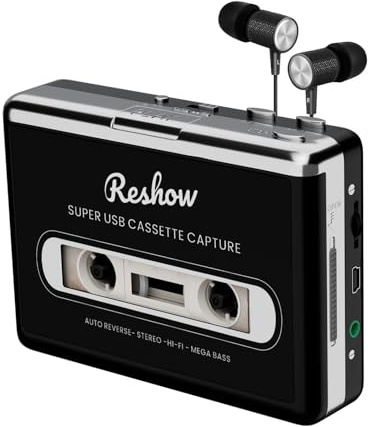 Reshow tragbarer Kassettenspieler, Bandkassetten über USB in MP3 umwandeln & MP3-Musik aufnehmen – Schwarz