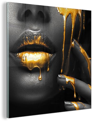 MuchoWow© Glasbilder Deko Schlafzimmer Aesthetic Wohnzimmer Glas Gemälde | 20x20 cm - Foto Geschenk Living Room Decoration Frau - Schwarz - Gold - Gesicht - Lippen
