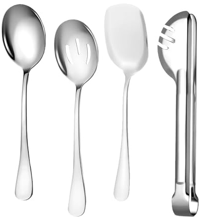 4 Pcs Large Serving Spoon Set, Silver Stainless Steel Kitchen Tongs Slotted Spoons Shovels for Buffet Parties Wedding Dinner