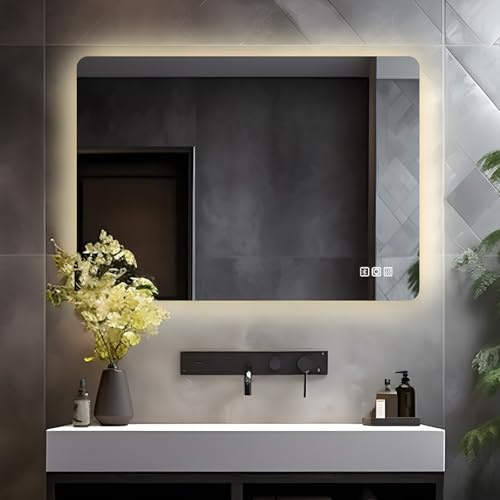 LISA Badspiegel mit Bluetooth und Steckdose 80x60 cm, LED Badezimmerspiegel mit Beleuchtung Dimmbar 3 Lichtfarbe Antibeschlag Groß Spiegel Rückbeleuchtung Wandspiegel für Badezimmer, WC, Flur