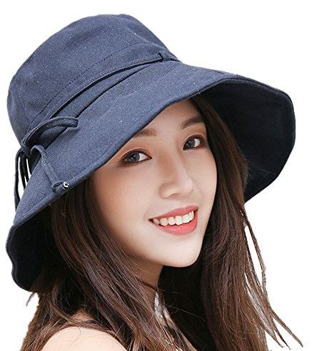 Petite Fortune Femme Chapeau de Soleil Coton Large Bord Visière Capeline Pliable Anti-UV UPF 50+ Sunhat Respirant Orné Bowknot pour Plage Voyage Camping Loisirs Printemps Été