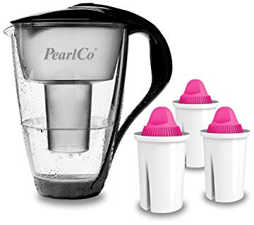PearlCo Extra 2+Mg 2L Ergonomic Handle Glass Water Filter Pitcher - 3 Magnesium Filters - Anti-Slip Stand, Filling Hole Pitcher - 5-Stage Filtration - Automatic Electronic Power Switching