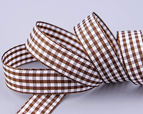 25 m x 15 mm Dekoband KARO Klassik BRAUN Schleifenband kariert Geschenkband ohne Draht zum dekorieren nähen