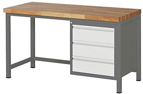 STIER Höhenverstellbare Werkbank Premium, 3 Schubladen, 150x70x84-104cm, Stahl und Buche