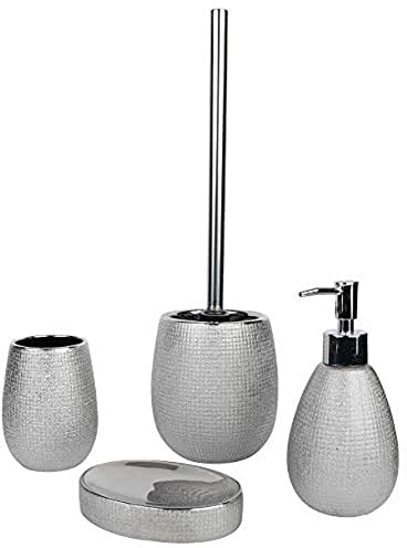 axentia Glitzer-Badezimmer-Set Hollywood - 4-teiliges, silberfarbenes Bad-Set, ca. 13 x 32 x 20 cm, Silber/Schwarz
