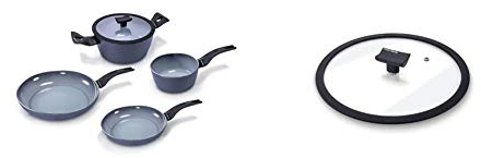Moneta Aria Finegres Batteria 5 Pezzi, Alluminio, Grigio & Coperchio Piatto, Bordo in Silicone, 28 cm