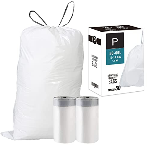Code P (50 Count) 13-16 Gallon Heavy Duty Drawstring Plastic Trash Bags Compatible with simplehuman Code P | 1.2 Mil | White| 50-60 Liter