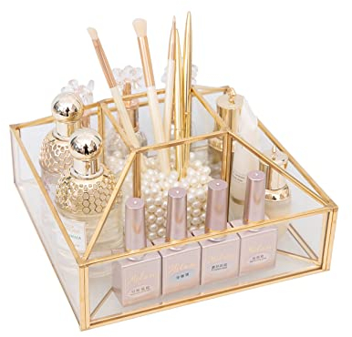SLHEQING 360° drehbarer Make up Organizer, Make up Pinselhalter Gold, Kosmetik Aufbewahrung Glas, Schminktisch Organizer, Cosmetic Organizer, Lippenstift aufbewahrung für Schlafzimmer Badezimmer
