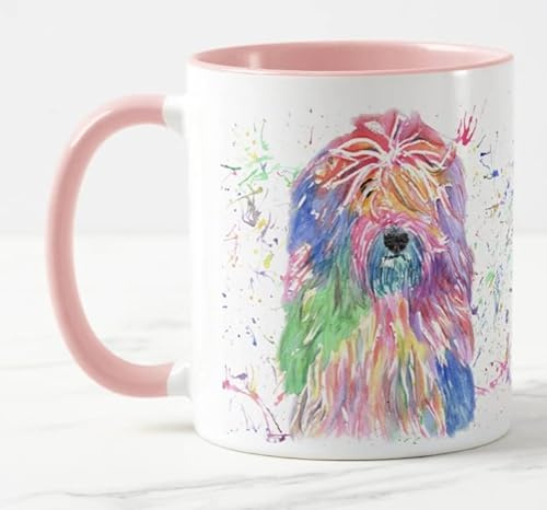 Vixar Old English Sheepdog Dog Pet Watercolour Art Coloured Mug Cup Gift Birthday Easter Work Office Christmas Tea Coffee (Pink)
