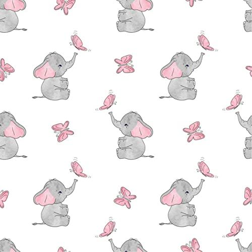 Loussiesd Süßer Elefant Outdoor-Stoff Meterware, Cartoon Kleiner Elefant Schmetterlinge Polsterstoff für Stühle, Dekostoff mit Tierdruck für Polsterung und DIY-Projekte, 92 x 150 cm, Grau Rosa