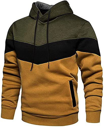 Loveternal Felpa con Cappuccio da Uomo Patchwork in Pile Pullover da Donna Manica Lunga a Blocchi di Colore Cachi Felpa Casual Sport Outwear Felpa con Cappuccio Top Streetwear Pullover con Tasca XXL
