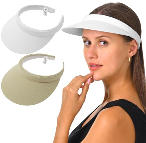 2 Pack Visor Women Men Sun Hat Clip On Visors Adjustable Sport Wide Brim Cap, White , Khaki, 6 3/4/7 1/4