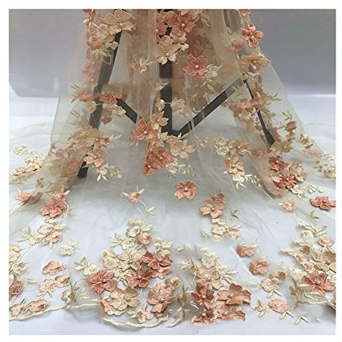 SHTGOI 1 Yard 3D Blumen Bestickte Tüll Spitze Stoff Stickereistoff mit Vier Kleeblättern Netzstoff für DIY Nähen Handgefertigte Kleidung Hochzeitskleid Heimdekoration 129,5 cm Breit Orange