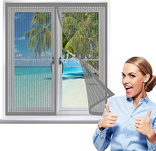 Zanzariera Per Finestra 90 x 70 cm, Tendina Anti Zanzare Mosche, Chiusura Automatica per Porte Finestre Balcone Soggiorno, Grigio