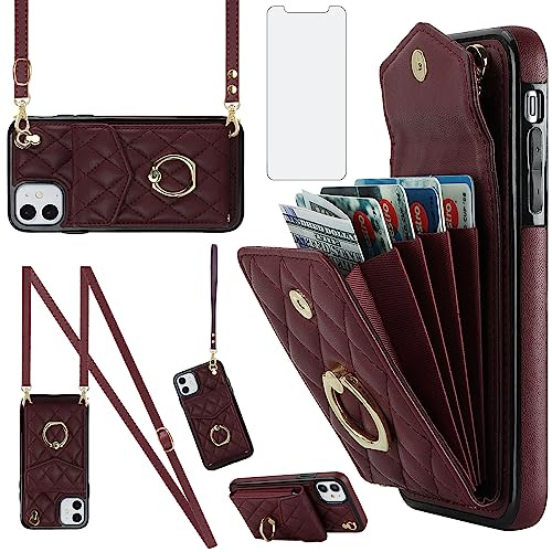 Asuwish Phone Case for iPhone 12 Mini 5.4 Wallet Cover with Tempered Glass Screen Protector Wrist Strap Ring RFID Blocking Credit Card Holder Cell iPhone12mini 5G i 12s iPhone12 12mini Women Wine Red