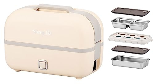 Heatable Lunch Box Portable, Work Office Portable Lunch Box Heater, Adult Electric Lunch Box with 304 Food Grade Stainless Steel Container 1.5L, Self Cooking Electric Lunch Box (M(bilayer),Beige)