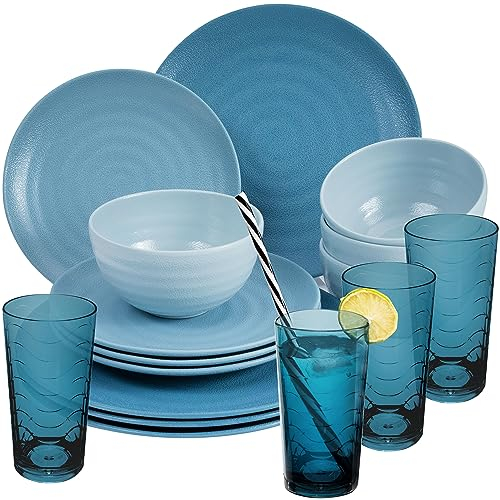 Melamin Geschirr Set 16 Teile elegante Steingut Optik in blau mit Wasserglas 260ml blau - für 4 Personen Essgeschirr Gläser Wasserglas Tumbler Whiskey - Campinggeschirr Picknick Camping Outdoor