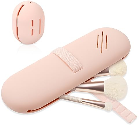 Étui à Pinceau de Maquillage en Silicone, 2 Pièces Rangement Pinceaux Maquillage en Silicone avec Porte éponge de Maquillage, Trousse de Voyage en Silicone Tendance et Portable (Rose)