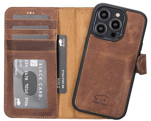 Solo Pelle Lederhülle kompatibel für iPhone 15 Pro in 6.1 Zoll abnehmbare Hülle (2in1) inkl. Kartenfächer für das original Apple iPhone 15 Pro (Vintage Braun)