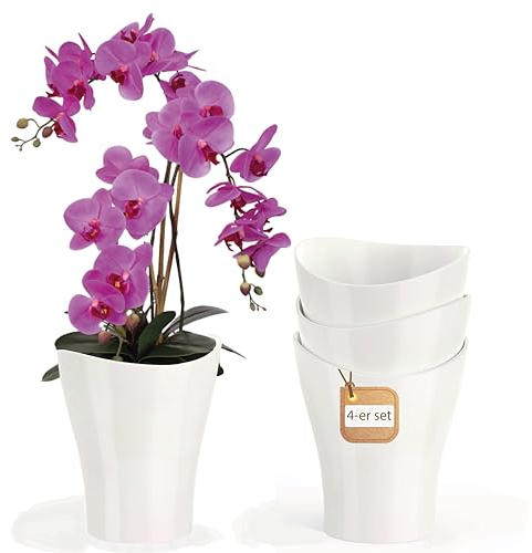 Garten lux 2er-Set Selbstbewässerungstöpfe für Orchideen–Weiß, Ø16cm, Orchideentopf 2,7L (Innentopf 1,9L Drainagelöchern mit Docht)+5L Orchideensubstrat für alle Orchideenarten für den Innenbereich