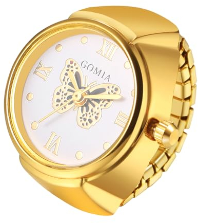 JewelryWe Ringuhr Fingeruhr Elastisch Schmetterling - Damen Analog Quarz Fingerringuhr Ring Uhr Uhrenring mit Schwarz Schmetterling Römischen Ziffern Zifferblatt und Gold Legierung Elastisch Band