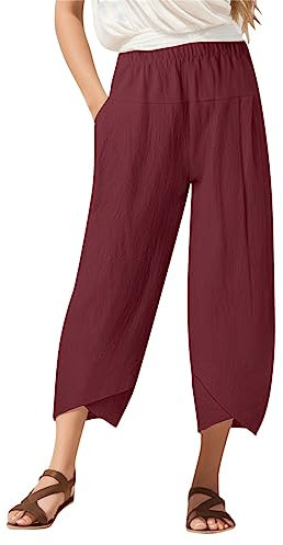 Hose Damen Locker Baggy Outdoorhose Stretch Straight Baumwoll Leinen Relaxhose Mit Taschen Weites Bein High Waist Freizeithosen Hohe Taille Elastisch Freizeithose Bequem Damenhose Blau (Red, M)