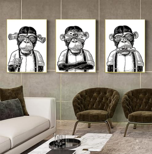 3er Set Poster Hochlandkuh Badezimmer Poster,Bilder von Geld Orang Utans und Affen,Tier Schwarz Weiß Wand Kunst Drucke,Rahmenlos (Poster-05,3Pcs-50x70cm)