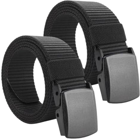 SamHeng 2 Pcs Nylon Belts for Men, Universal Outdoor Canvas Military Tactical Belts with Plastic Buckle, Metal Free Adjustable Work Belts for Quick Passage Through Airport Security (Black, 130cm)