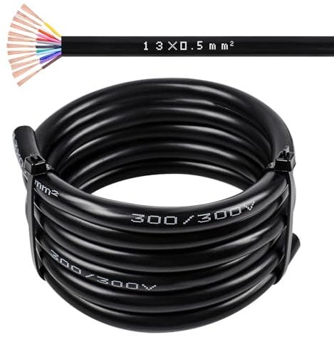 Qiping 15M 13-adriges Rund Kabel 0,5 mm² KFZ Flexibles Kabel 12V/24V/48V/60V Fahrzeugleitung Schwarz Ummantelter Draht für Auto-Anhänger Beleuchtung, LKW