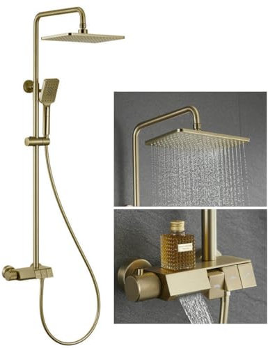 Billg Colonna Doccia con Miscelatore Termostatico, Set Doccia Tasti del Piano 3 Funzioni, Soffione 11in/27cm, Corpo in Ottone, con Miscelatore Vasca ad Incasso, Stile A(Oro Spazzolato)
