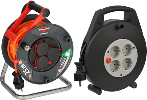 Brennenstuhl Garant V2 IP44 Kabeltrommel 25m outdoor (Made in Germany & Vario Line Kabelbox 4-fach/Mini-Kabeltrommel (Indoor-Kabeltrommel für Haushalt, 10m Kabel, Made in Germany) schwarz/grau