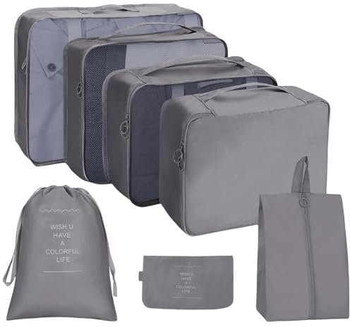 FAVORTALK Packwürfel für Koffer, 7er-Set, Gepäck-Organizer, mit Schuhbeutel und Kulturbeutel, Grau B41309