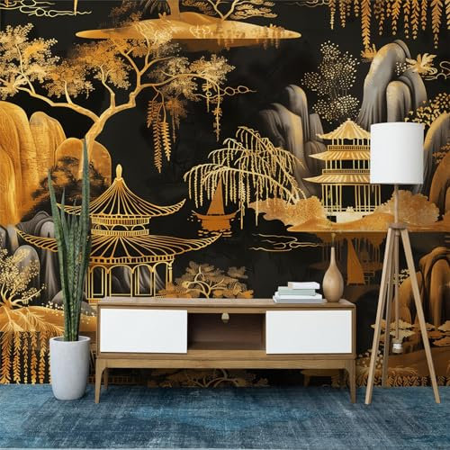 3D Tapete Chinesisches Retro-Architektur-Altes Gebäude Fototapete, Golden Wandbild Wandtapete Haupt dekorationen für Wohnzimmer Schlafzimmer Büro, Flur, 200 x 140 cm (WxH) Vlies Tapete Wanddeko