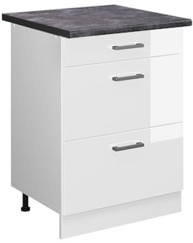 Vicco Küchenunterschrank R-Line, Weiß Hochglanz/Weiß, 60 cm mit Schubladen, AP Anthrazit