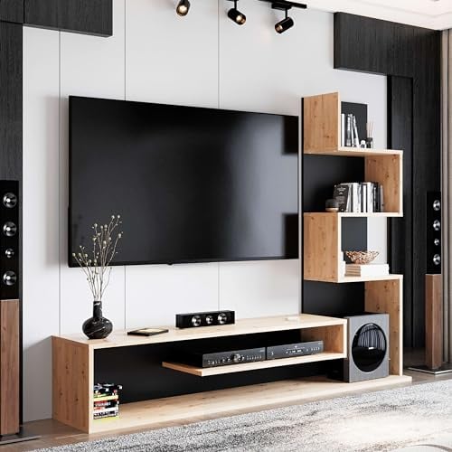 Miroytengo Módulo de TV para Salón Comedor Snake Estilo Industrial en Color Roble Artisan y Negro con 4 Estantes 160x130x29 cm