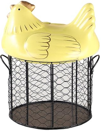 Iron Egg Organizer Basket, Eggs Storage Container with Ceramic Chicken Shaped Lid, Egg Holder with Handle for Home Kitchen Countertop Organizer(yellow)