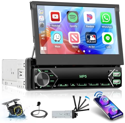 Wireless CarPlay Autoradio 1 Din con Schermo Estraibile Manuale da 7 Polllici Touchscreen Android Auto Radio con Bluetooth Stereo Auto Radio Supporto FM AUX USB Retrocamera