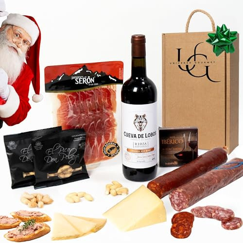 UNIVERSO GOURMET | Cesta Gourmet para Regalar | Vino DO.Rioja | Embutidos Ibéricos Bellota | Jamón Gran Reserva y Queso Oveja | Pate Pedro Ximenez y Picos Pan Artesanos | Cesta Regalo