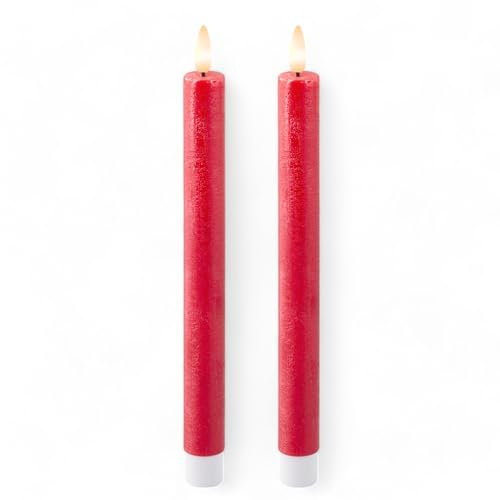 MIJOMA LED-Echtwachskerze mit realistischer Flamme, Timer und batteriebetrieb | Indoor LED-Kerze mit warmweißem Licht | Natürliche Optik (Rot - glatte Oberfläche, Ø2cm x 24cm)