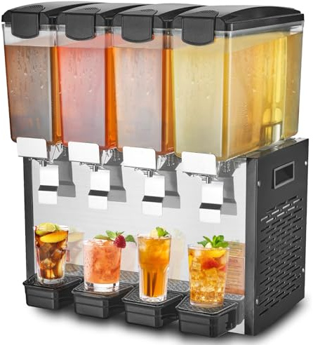 VEVOR Distributeur de Boissons Commercial 4 Réservoirs de 10 L, Fontaine à Eau 430 W, Distribution de Jus Limonade Thé Glacé, Température de Refroidissement 7-12 ℃, pour Restaurant, Hôtel, Café