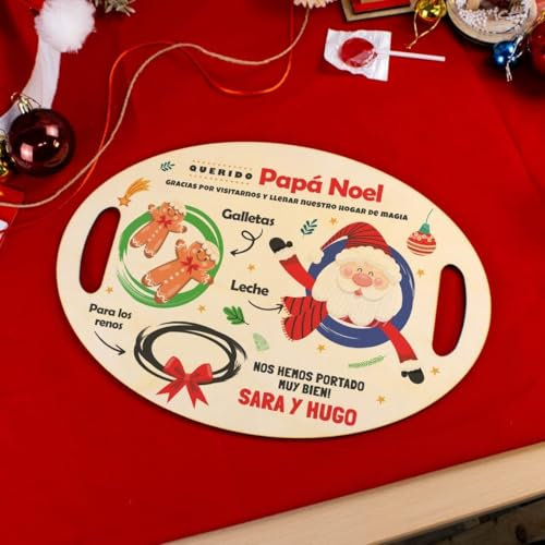 Bandeja de Navidad Personalizada de Madera Con Nombre - Reyes Magos y Papá Noel (Diseño 4, Ovalada)