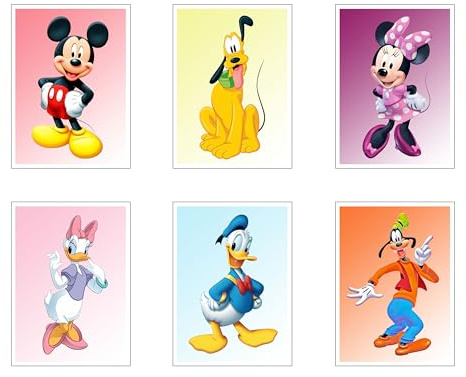 Set mit 6 Holzbildern, Dekoration für modernes Wohnzimmer, Schlafzimmer, Kinderzimmer, Mickey, Daisy, Pluto, Goofy, Donald, Minnie mit Metallaufhängern (29 x 20 cm pro Bild)