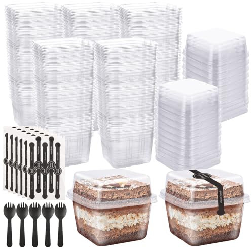 SHUESS 100 Pcs Dessert Cups with Lids and Spoons - 300ml/8oz Clear Square Plastic Dessert Cups - Reusable Cheesecake Pots with Lids for Dessert Pudding Mousse Ice Cream Cheesecake