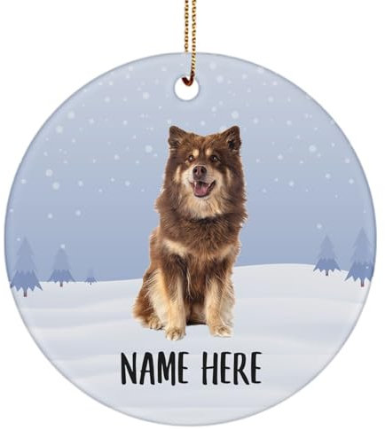 Weihnachtsbaumschmuck 7.3cm, Personalisierter Name Finnischer Lapphund Braun Sitzend Runde Keramik Ornament Personalisierte Weihnachtsanhänger Lustige Christbaumschmuck Anhänger