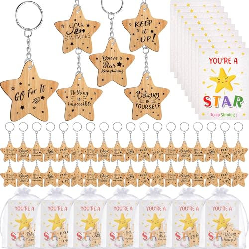 Otuuz Porte-clés en forme d'étoile avec carte, cadeaux de motivation pour les étudiants de la part des enseignants, jeton d'étoile en bois pour enseignant à élève Cadeau inspirant pour les étudiants