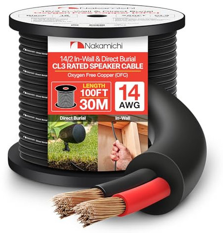 Nakamichi 14/2 (100-Foot) In-Wall & Direct Burial (UL CL2 CL3 Rated) 99.9% Oxygen-Free Copper (OFC) 2-Conductor Speaker Cable Wire, Outdoor In Ground, In Ceiling, Black (14AWG / 100ft / 30.48m)