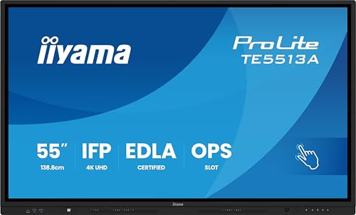 iiyama Prolite TE5513A-B1AG - Pantalla LED IPS de gran formato de 54.6 pulgadas 4K UHD 40 puntos táctiles PureTouch-IR HDMI DP USB-C USB 3.2 RS-232c RJ45 HDMI-Out 7H OPS WiFi Android 14 OS iiControl